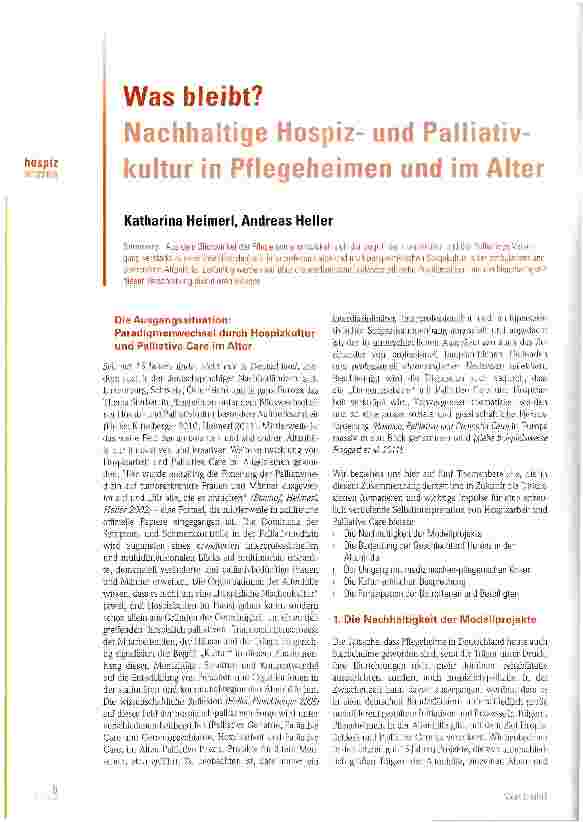 Vorschauseite 1: Was bleibt? Nachhaltige Hospizund Palliativkultur in Pflegeheimen und im Alter