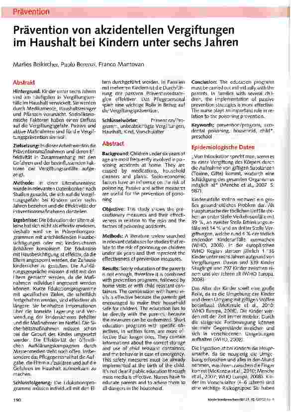 Vorschauseite 1: Prävention von akzidentellen Vergiftungen im Haushalt bei Kindern unter sechs Jahren