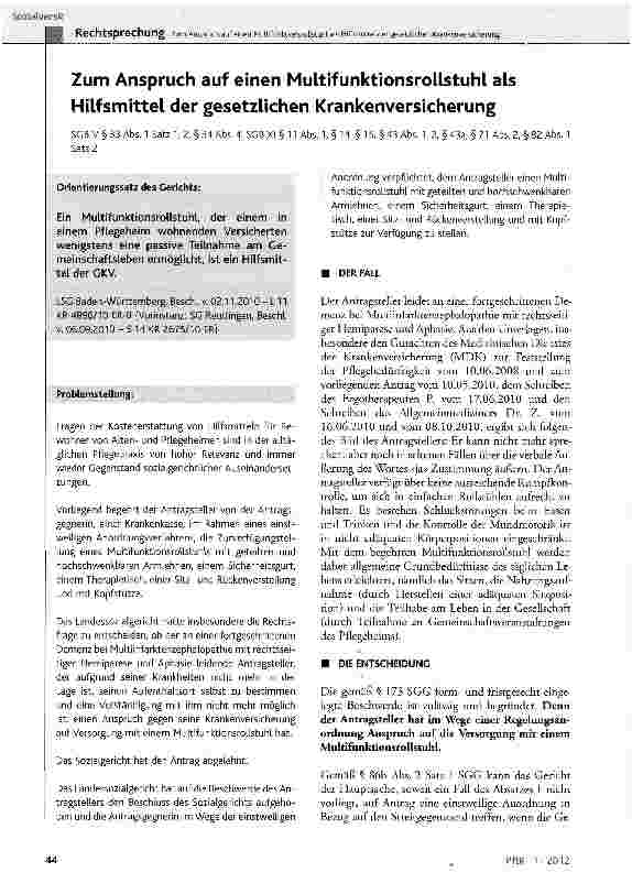 Vorschauseite 1: Zum Anspruch auf einen MultifunktionsroUstuhl als Hilfsmittel der gesetzlichen Krankenversicherung SGB V § 33 Abs. 1 Satz 1, 2, § 34 Abs. 4; SGB XI § 11 Abs. 1, § 14, § 15, § 43 A…