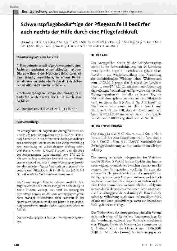 Vorschauseite 1: Schwerstpflegebedürftige der Pflegestufe III bedürfen auch nachts der Hilfe durch eine Pflegefachkraft LHeimG§ 1 Abs. 1,§ 6 Abs. 2 Nr. 3, § 12 Abs. 1 Satz 1;HeimPersV§ 5 Abs. 2, §…