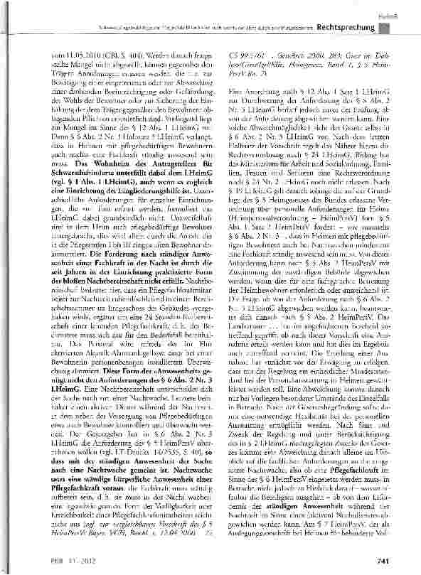 Vorschauseite 2: Schwerstpflegebedürftige der Pflegestufe III bedürfen auch nachts der Hilfe durch eine Pflegefachkraft LHeimG§ 1 Abs. 1,§ 6 Abs. 2 Nr. 3, § 12 Abs. 1 Satz 1;HeimPersV§ 5 Abs. 2, §…