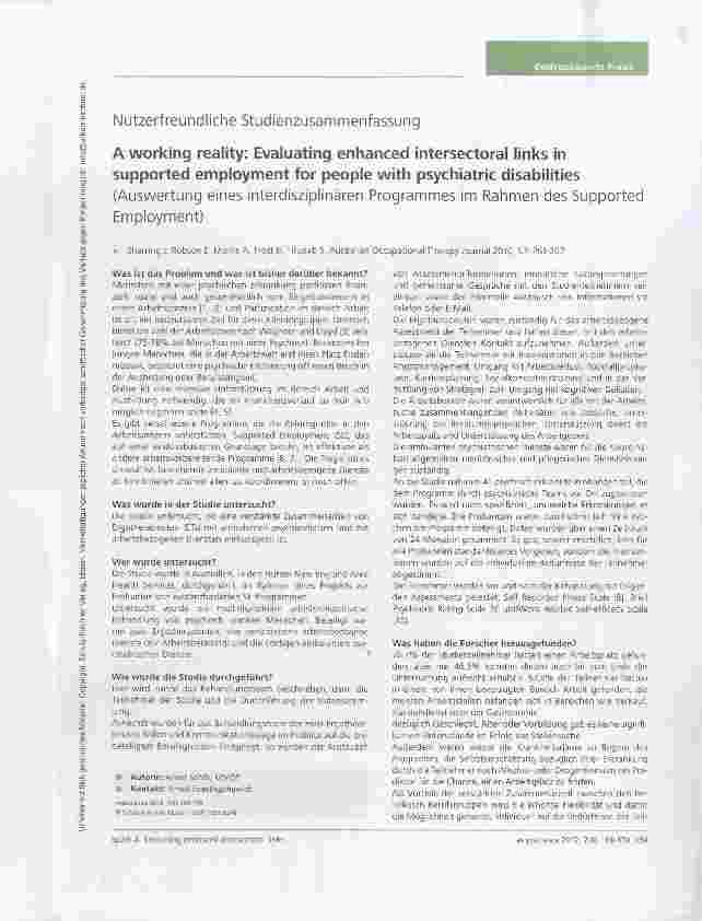 Vorschauseite 1: A working reality: Evaluating enhanced intersectoral links in supported employment for people with psychiatric disabilities(Auswertung eines interdisziplinären Programmes im Rahme…