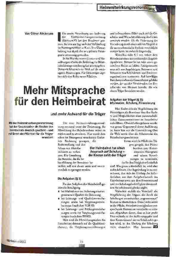 Vorschauseite 1: Mehr Mitsprache für den Heimbeirat und mehr Aufwand für die Träger