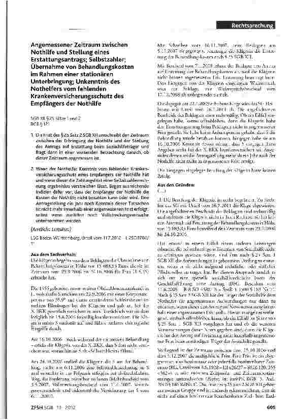 Vorschauseite 1: Angemessener Zeitraum zwischen Nothilfe und Stellung eines Erstattungsantrags; Selbstzahler; Übernahme von Behandlungskosten im Rahmen einer stationären Unterbringung; Unkenntnis…