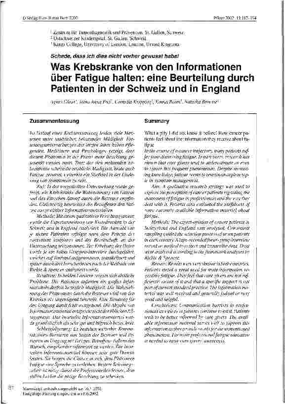 Vorschauseite 1: Was Krebskranke von den Informationen über Fatigue halten: eine Beurteilung durch Patienten in der Schweiz und in England Schade, dass ich dies nicht vorher gewusst habe!
