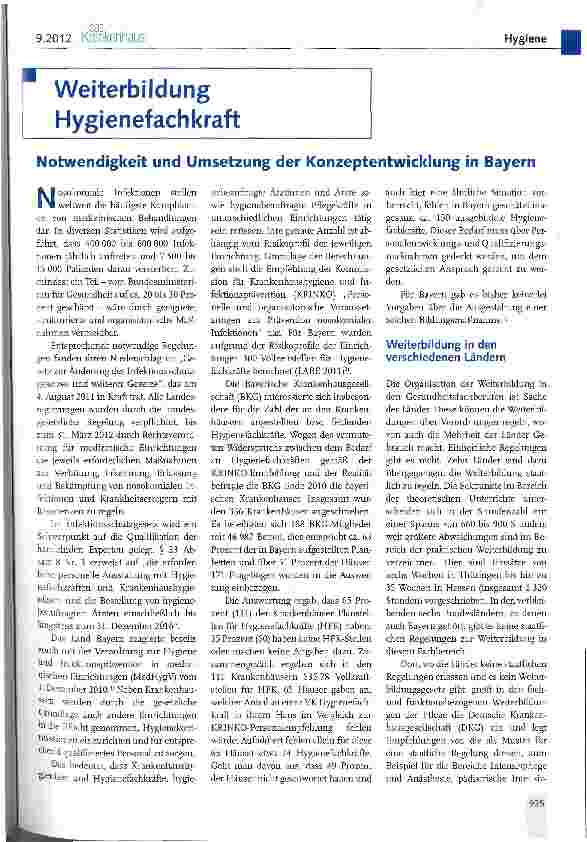 Vorschauseite 1: Weiterbildung HygienefachkraftNotwendigkeit und Umsetzung der Konzeptentwicklung in Bayern