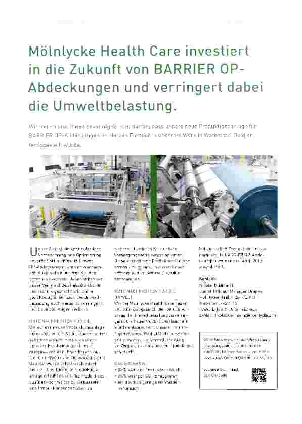 Vorschauseite 1: Mölnlycke Health Care investiert in die Zukunft von BARRIER OP-Abdeckungen und verringert dabei die Umweltbelastung.
