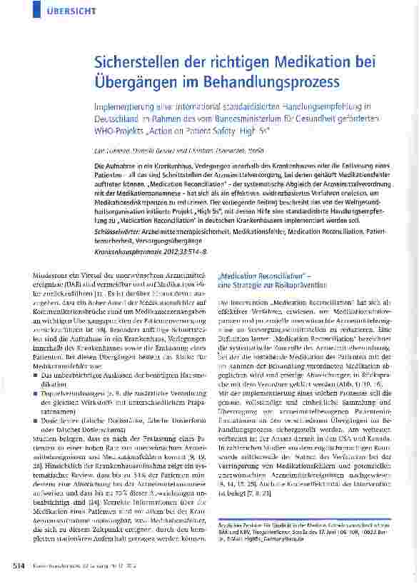 Vorschauseite 1: Sicherstellen der richtigen Medikation bei Übergängen im Behandlungsprozess