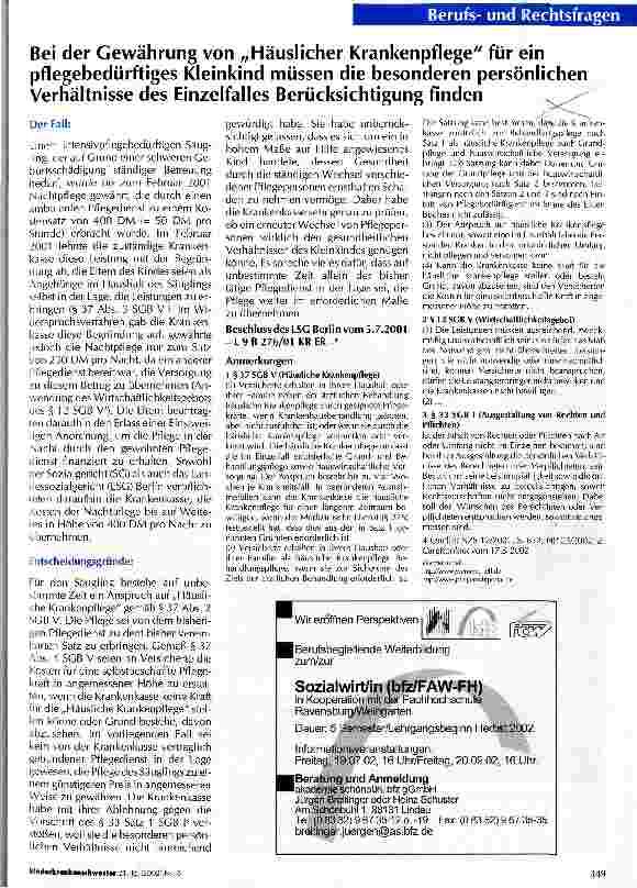 Vorschauseite 1: Bei der Gewährung von Häuslicher Krankenpflege für ein pflegebedürftiges Kleinkind müssen die besonderer persönlichen Verhältnisse des Einzelfalles Berücksichtigung finden