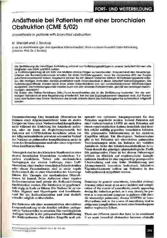 Vorschauseite 1: Anästhesie bei Patienten mit einer bronchialen Obstruktion (CME 5/02)