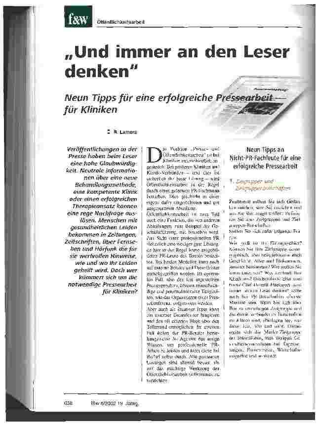 Vorschauseite 1: Und immer an den Leser denken Neun Tipps für eine erfolgreiche Pressearbeit für Kliniken