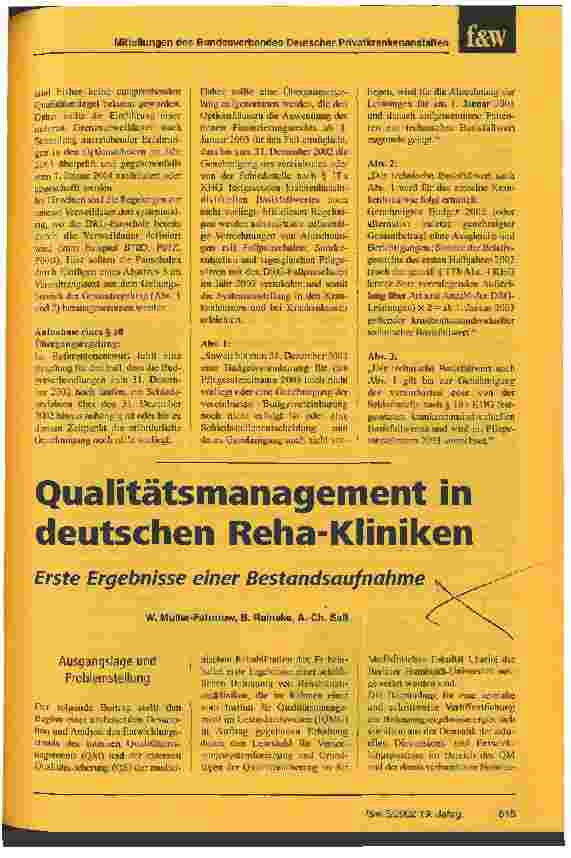 Vorschauseite 1: Qualitätsmanagement in deutschen Reha-Kliniken Erste Ergebnisse einer Bestandsaufnahme