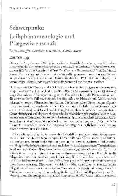 Vorschauseite 1: Schwerpunkt: Leibphänomenologie und Pflegewissenschaft