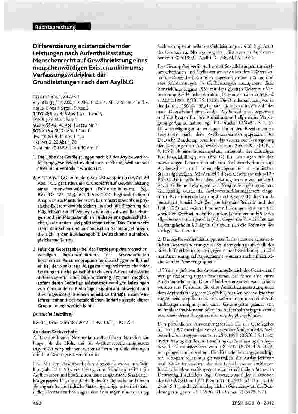 Vorschauseite 1: Differenzierung existenzsichernder Leistungen nach Aufenthaltsstatus; Menschenrecht auf Gewährleistung eines menschenwürdigen Existenzminimums; Verfassungswidrigkeit der Grundleis…