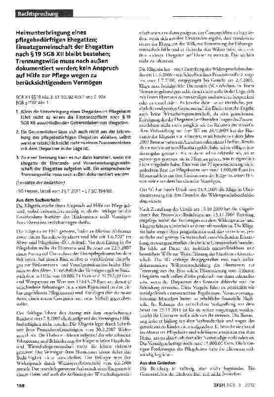 Vorschauseite 1: Heimunterbringung eines pflegebedürftigen Ehegatten; Einsatzgemeinschaft der Ehegatten nach §19 SGB XII bleibt bestehen; Trennungswille muss nach außen dokumentiert werden; kein A…