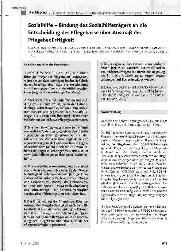 Vorschauseite 1: Sozialhilfe - Bindung des Sozialhilfeträgers an die Entscheidung der Pflegekasse über Ausmaß der Pflegebedürftigkeit