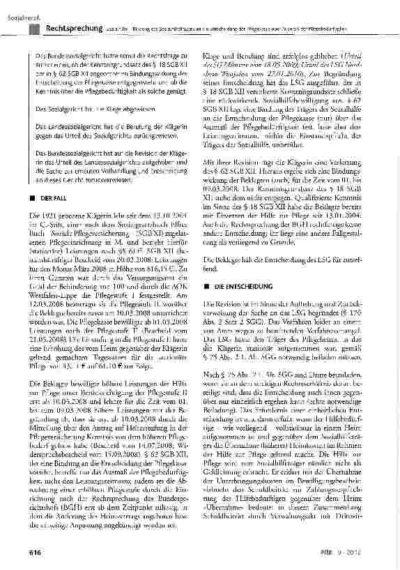 Vorschauseite 2: Sozialhilfe - Bindung des Sozialhilfeträgers an die Entscheidung der Pflegekasse über Ausmaß der Pflegebedürftigkeit