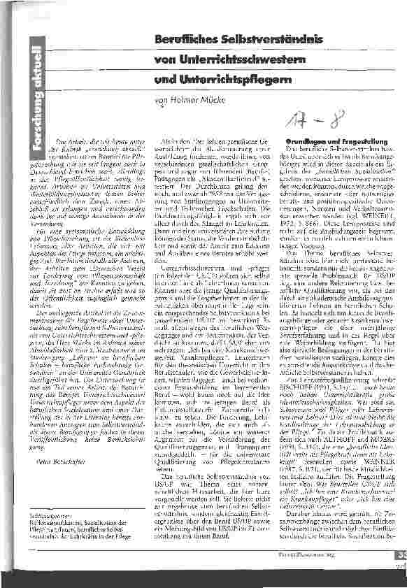 Vorschauseite 1: Berufliches Selbstverständnis von Unterrichtsschwestern und Unterrichtspflegern