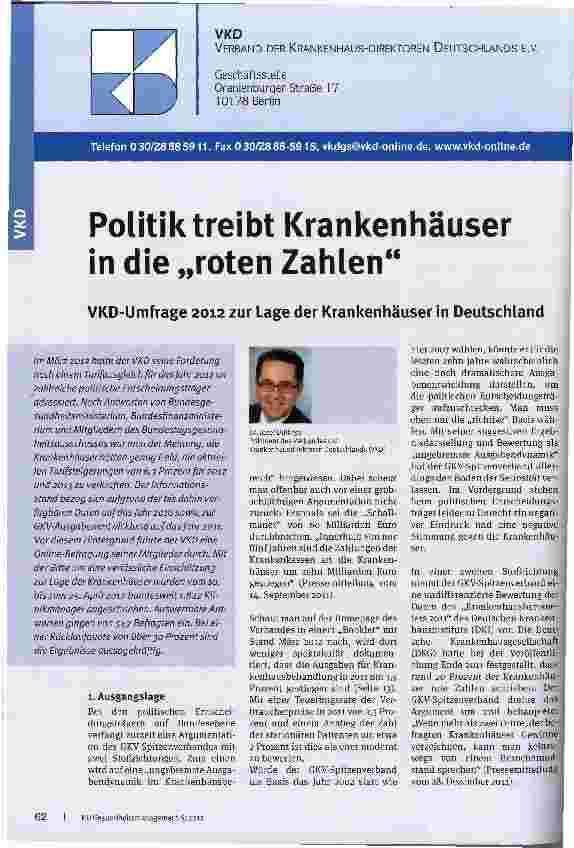 Vorschauseite 1: Politik treibt Krankenhäuser in die ..roten ZahlenVKD-Umfrage 2012 zur Lage der Krankenhäuser in Deutschland