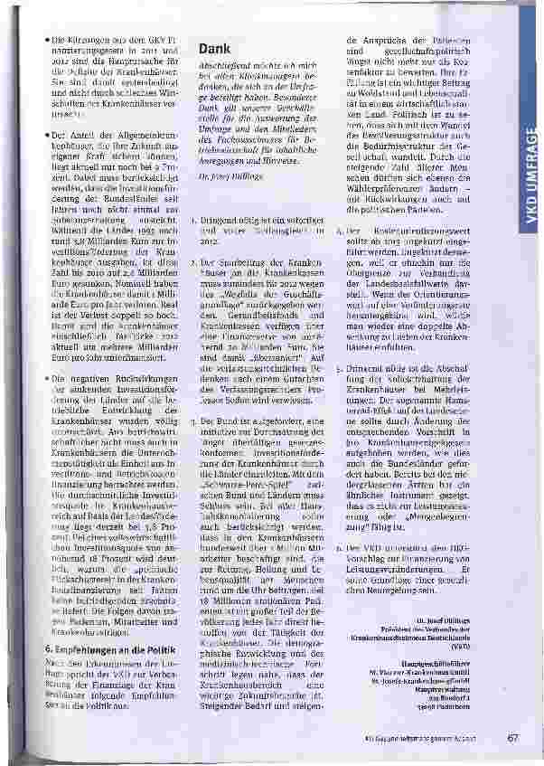 Vorschauseite 6: Politik treibt Krankenhäuser in die ..roten ZahlenVKD-Umfrage 2012 zur Lage der Krankenhäuser in Deutschland