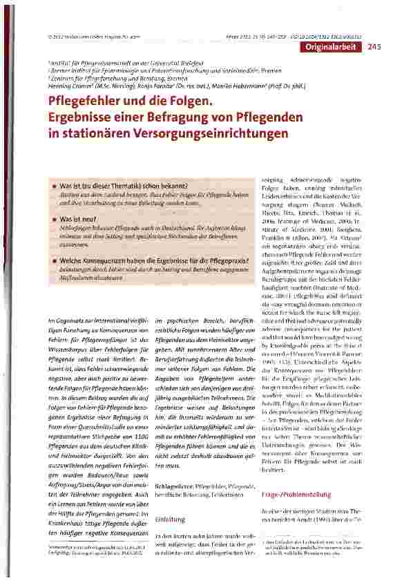 Vorschauseite 1: Pflegefehler und die Folgen.Ergebnisse einer Befragung von Pflegenden in stationären Versorgungseinrichtungen