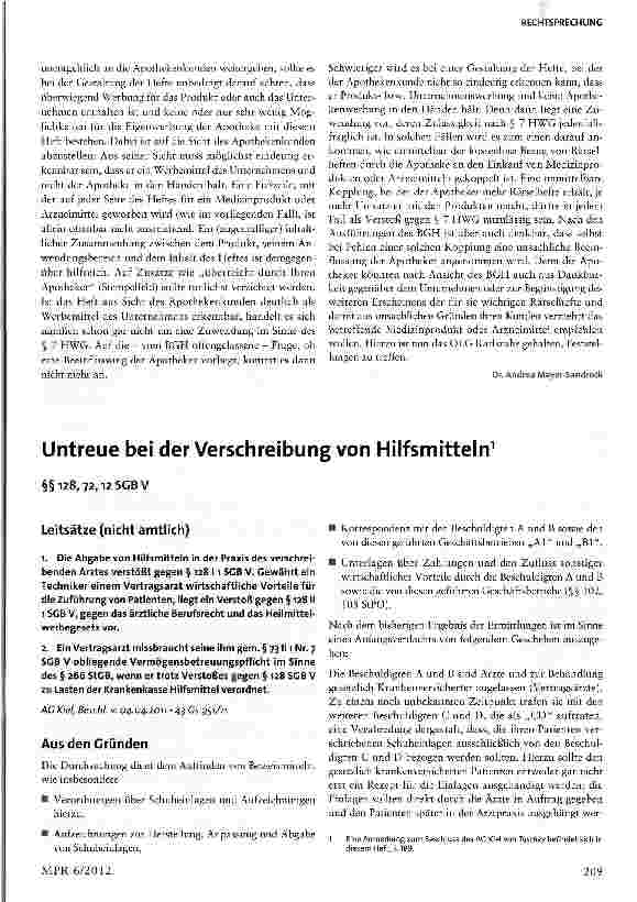 Vorschauseite 1: Untreue bei der Verschreibung von Hilfsmitteln §§128,72,12 SGB V