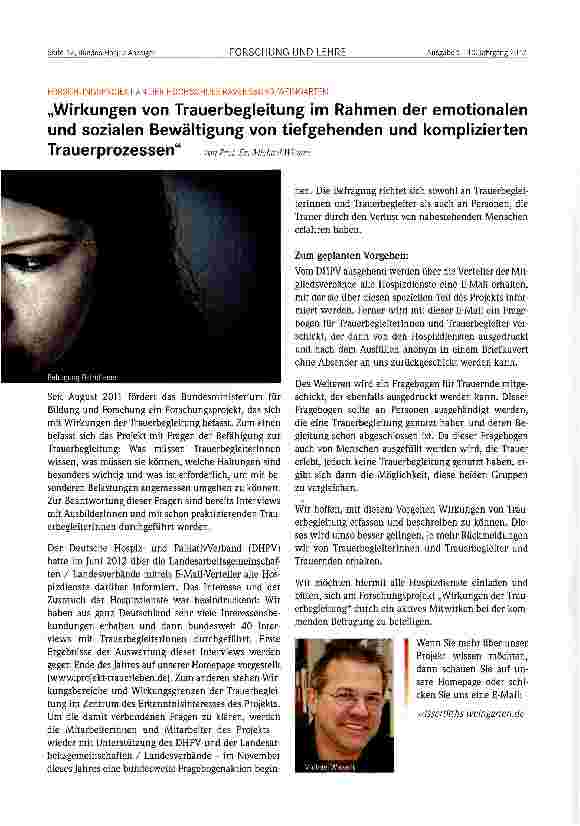 Vorschauseite 1: „Wirkungen von Trauerbegleitung im Rahmen der emotionalen und sozialen Bewältigung von tiefgehenden und komplizierten Trauerprozessen