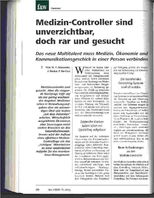 Vorschauseite 1: Medizin-Controller sind unverzichtbar, doch rar und gesucht Das neue Multitalent muss Medizin, Ökonomie und Kommunikationsgeschick in einer Person verbinden