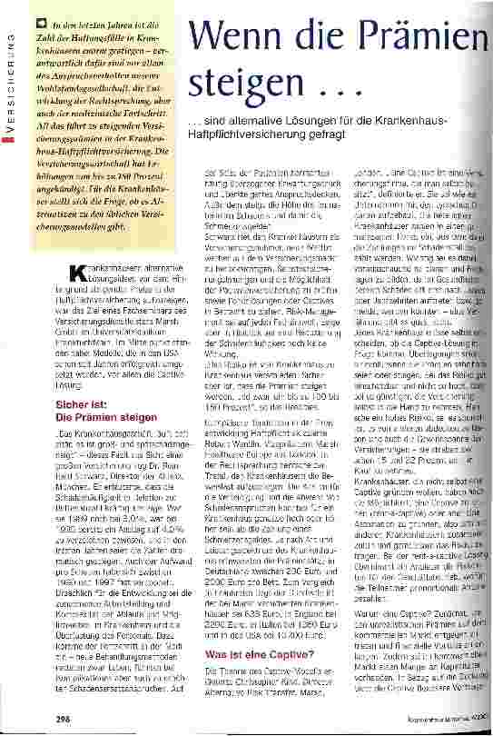 Vorschauseite 1: Wenn die Prämien steigen... ...sind alternative Lösungen für die Krankenhaus-Haftpflichtversicherung gefragt