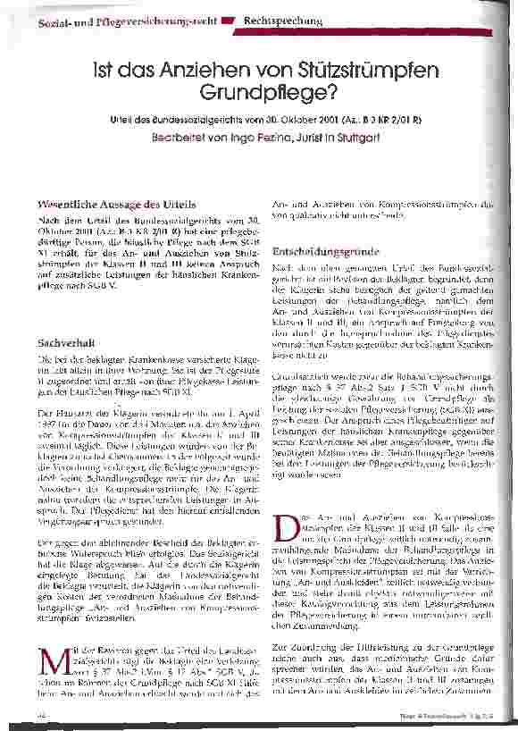Vorschauseite 1: Ist das Anziehen von Stützstrümpfen Grundpflege? Urteil des Bundessozialgerichts vom 30. Oktober 2001