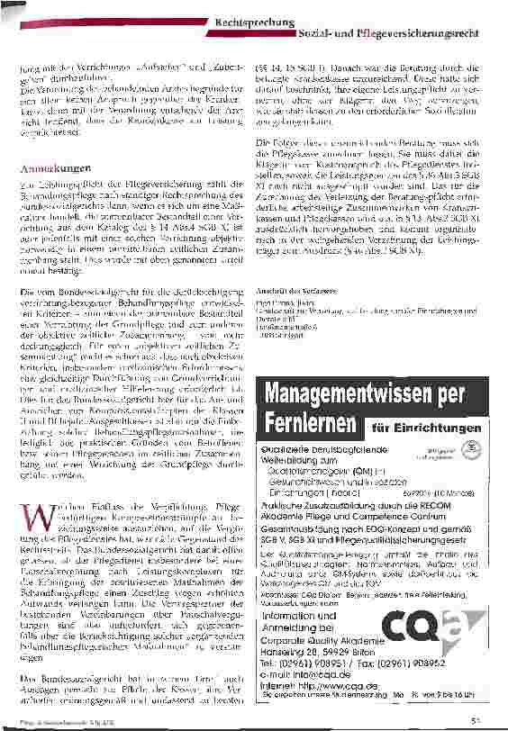 Vorschauseite 2: Ist das Anziehen von Stützstrümpfen Grundpflege? Urteil des Bundessozialgerichts vom 30. Oktober 2001