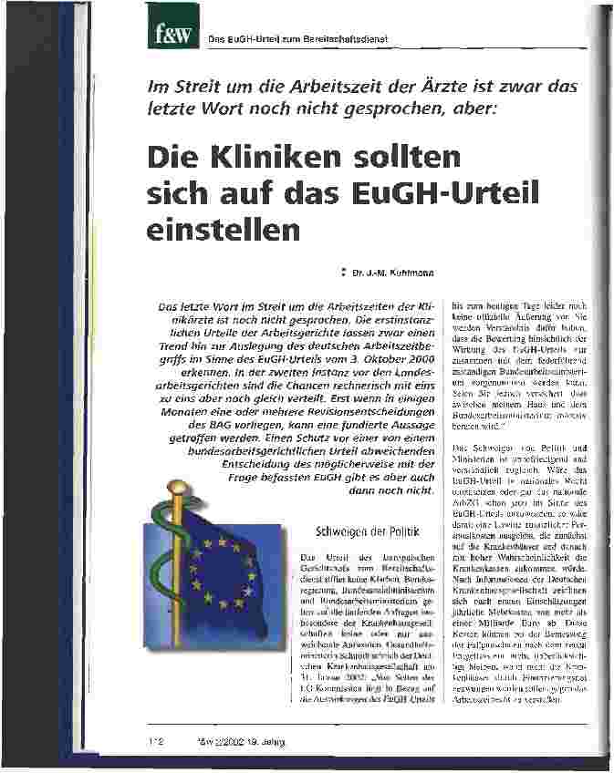 Vorschauseite 1: Die Kliniken sollten sich auf das EuGH-Urteil einstellen