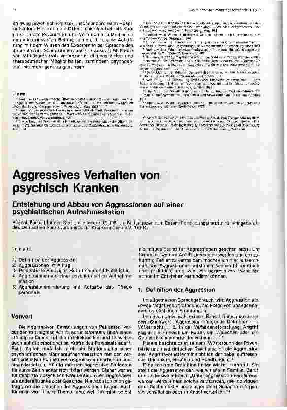 Vorschauseite 1: Aggressives Verhalten von psychisch Kranken Entstehung und Abbau von Aggressionen auf einer psych. Aufnahmestation