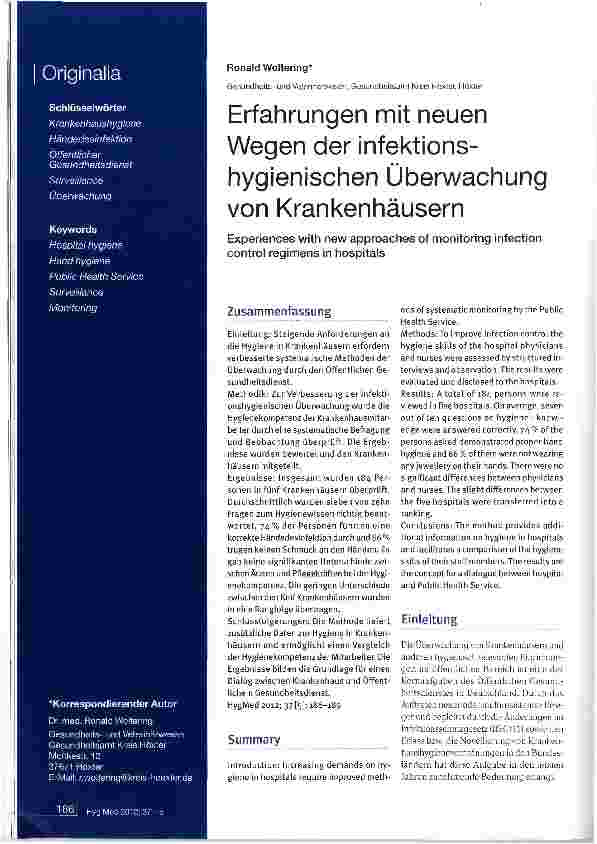 Vorschauseite 1: Erfahrungen mit neuen Wegen der infektionshygienischen Überwachung von Krankenhäusern
