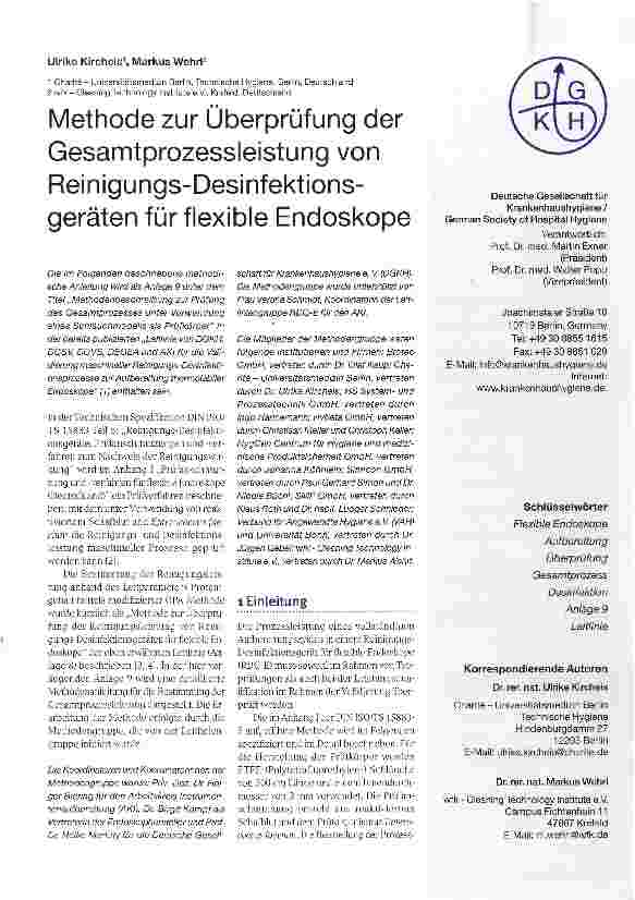 Vorschauseite 1: Methode zur Überprüfung der Gesamtprozessleistung von Reinigungs-Desinfektions-geräten für flexible Endoskope