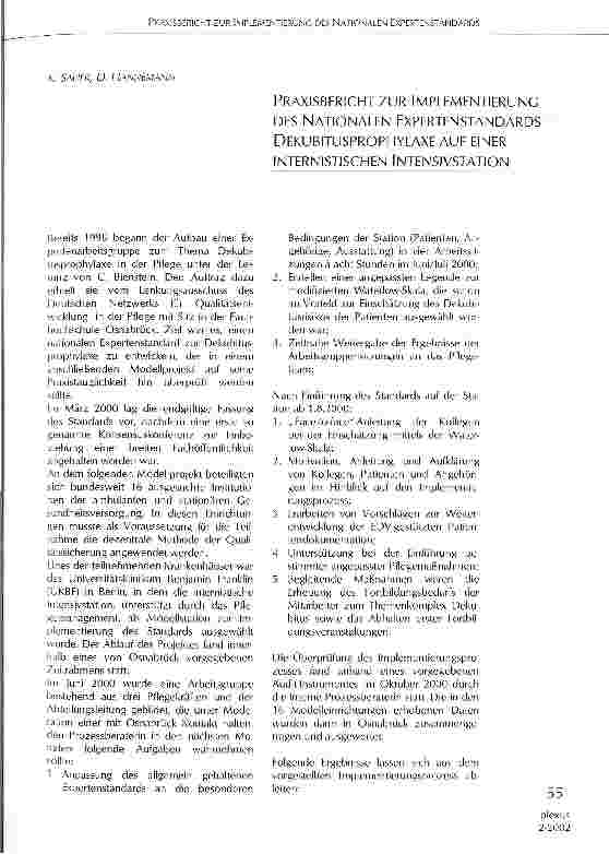 Vorschauseite 1: Praxisbericht zur Implementierung des nationalen Expertenstandards Dekubitusprophylaxe auf einer internistischen Intensivstation