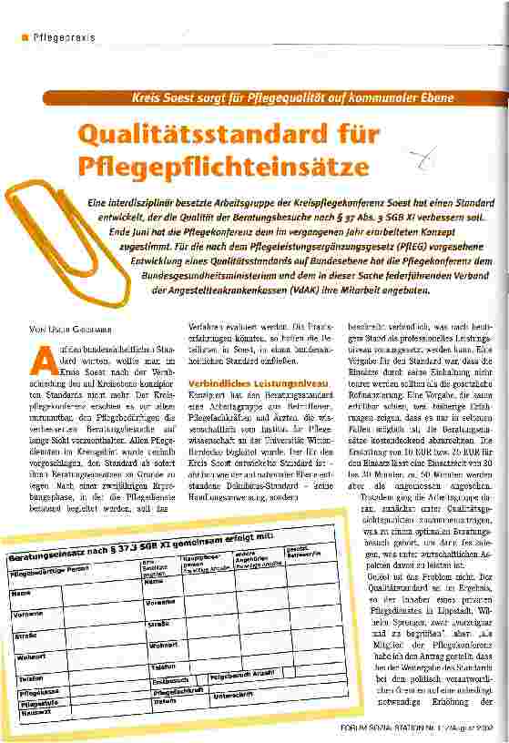 Vorschauseite 1: Qualitätsstandard für Pflegepflichteinsätze Kreis Soest sorgt für Pflegequalität auf kommunaler Ebene