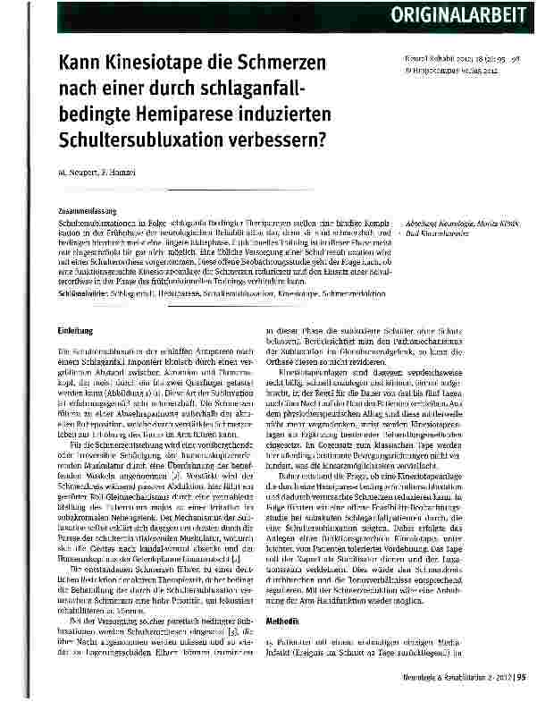 Vorschauseite 1: Kann Kinesiotape die Schmerzen nach einer durch schlaganfall-bedingte Hemiparese induzierten Schultersubluxation verbessern?
