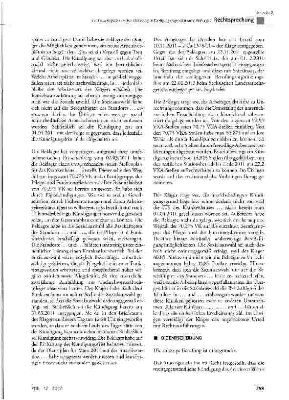 Vorschauseite 3: Zur Treuwidrigkeit einer betriebsbedingten Kündigung wegen StationsschließungenKSchG § 1 Abs. 1 und Abs. 2 Satz 1, § 4 Satz 1, § 7; § 242 BGB; BetrVG § 102 Abs. 5