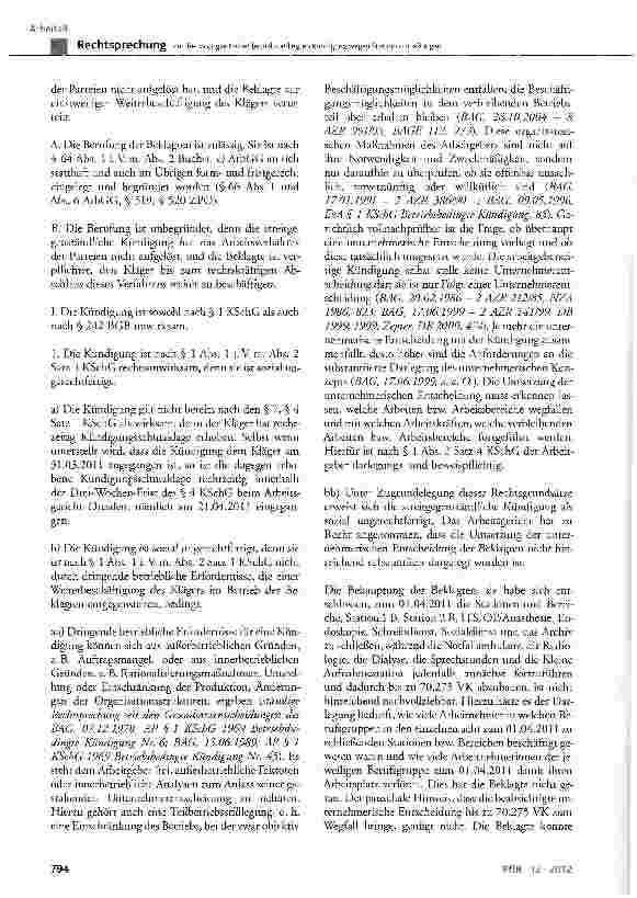 Vorschauseite 4: Zur Treuwidrigkeit einer betriebsbedingten Kündigung wegen StationsschließungenKSchG § 1 Abs. 1 und Abs. 2 Satz 1, § 4 Satz 1, § 7; § 242 BGB; BetrVG § 102 Abs. 5