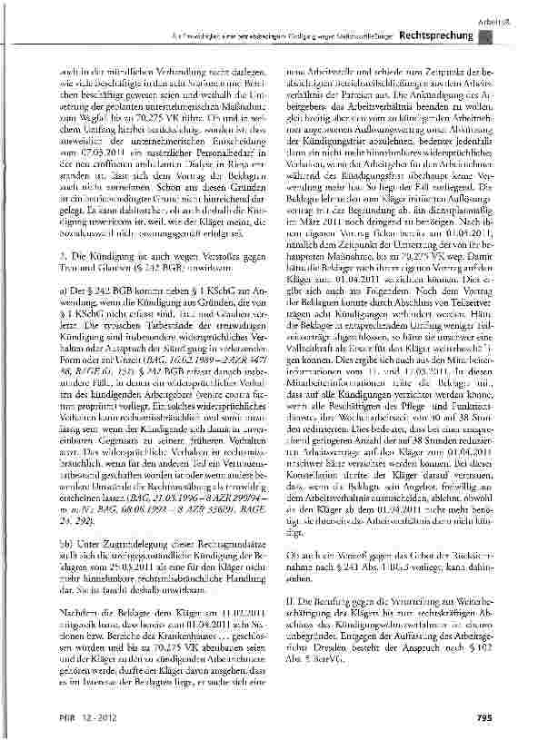 Vorschauseite 5: Zur Treuwidrigkeit einer betriebsbedingten Kündigung wegen StationsschließungenKSchG § 1 Abs. 1 und Abs. 2 Satz 1, § 4 Satz 1, § 7; § 242 BGB; BetrVG § 102 Abs. 5