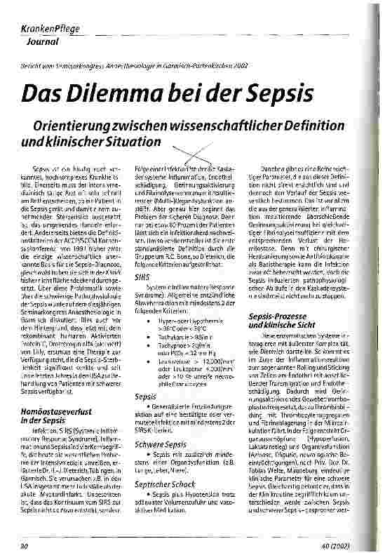 Vorschauseite 1: Das Dilemma bei der Sepsis Orientierung zwischen wissenschaftlicher Definition und klinischer Situation