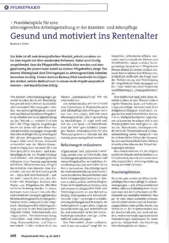 Vorschauseite 1: Gesund und motiviert ins Rentenalter Praxisbeispiele für einealternsgerechte Arbeitsgestaltung in der Krankenund Altenpflege