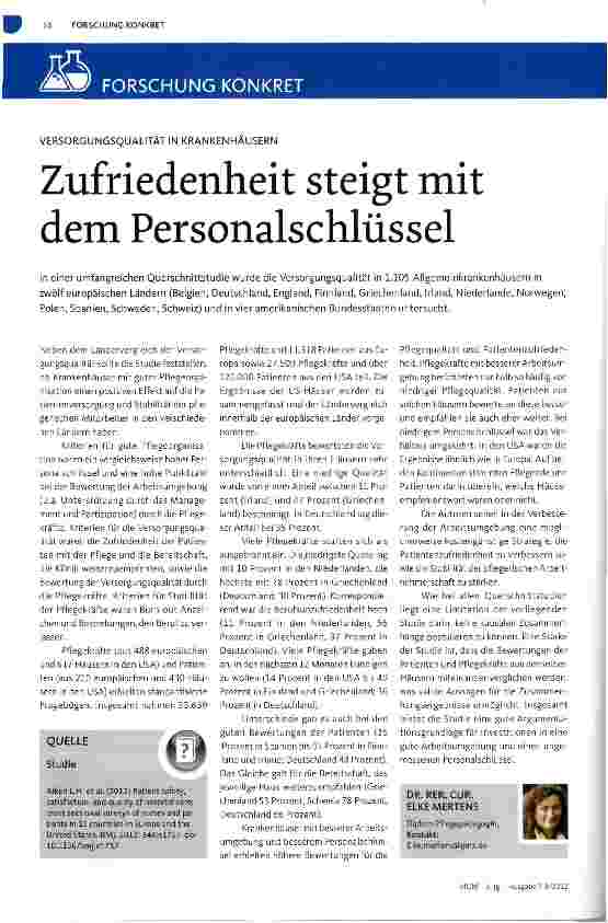 Vorschauseite 1: VERSORGUNGSQUALITÄT IN KRANKENHÄUSERNZufriedenheit steigt mit dem Personalschlüssel