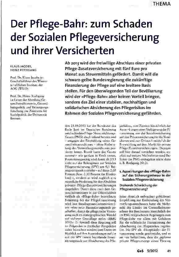 Vorschauseite 1: Der Pflege-Bahr: zum Schaden der Sozialen Pflegeversicherung und ihrer Versicherten