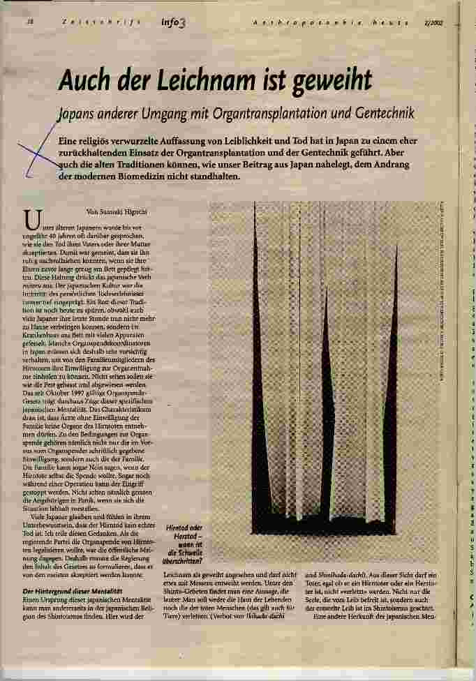 Vorschauseite 1: Auch der Leichnam ist geweiht Japans anderer Umgang mit Organtransplantation und Gentechnik