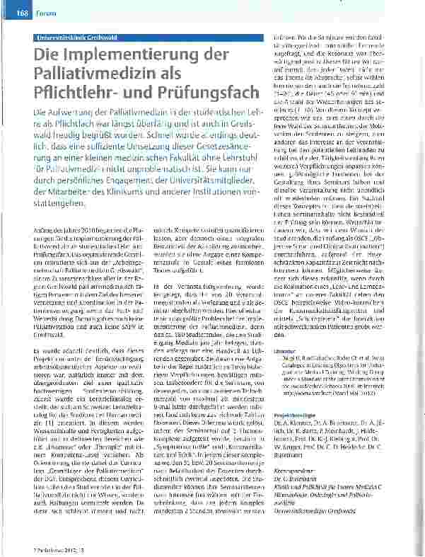 Vorschauseite 1: Die Implementierung der Palliativmedizin als Pflichtlehrund Prüfungsfach