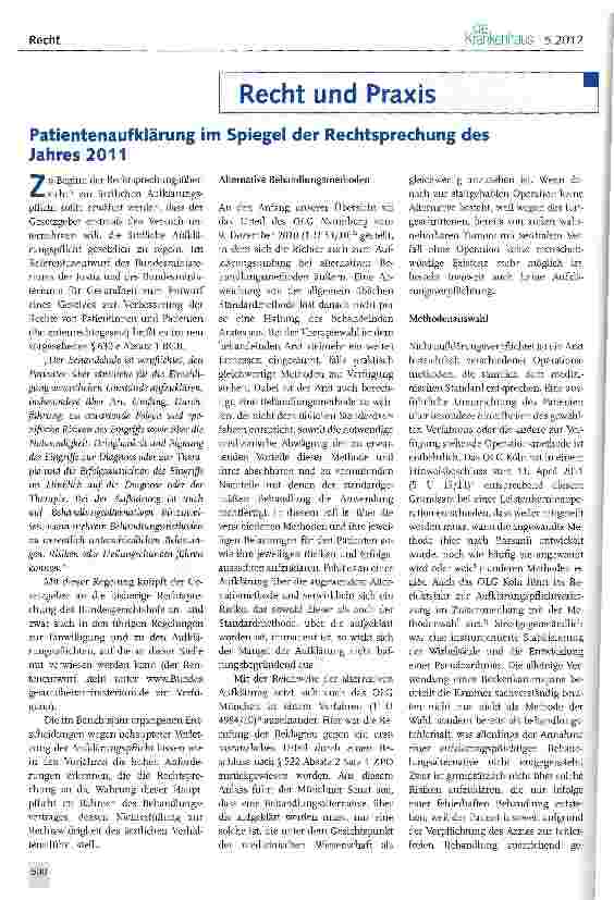Vorschauseite 1: Patientenaufklärung im Spiegel der Rechtsprechung des Jahres 2011