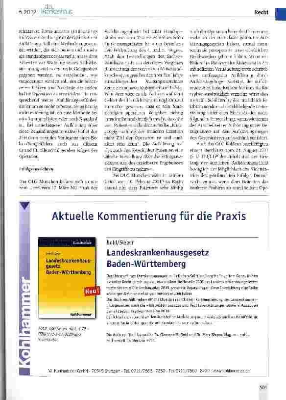 Vorschauseite 2: Patientenaufklärung im Spiegel der Rechtsprechung des Jahres 2011
