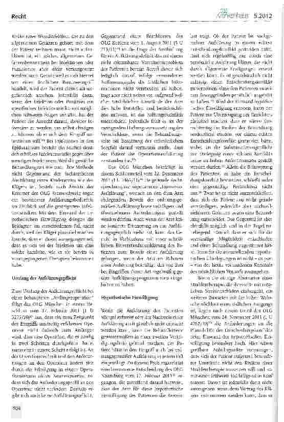 Vorschauseite 5: Patientenaufklärung im Spiegel der Rechtsprechung des Jahres 2011